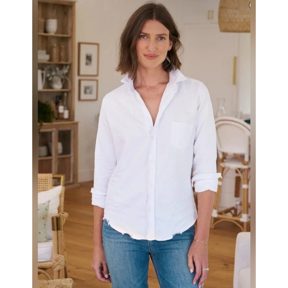 Frank & Eileen Barry Shirt Distressed Famous Denim White Size Large Chambray